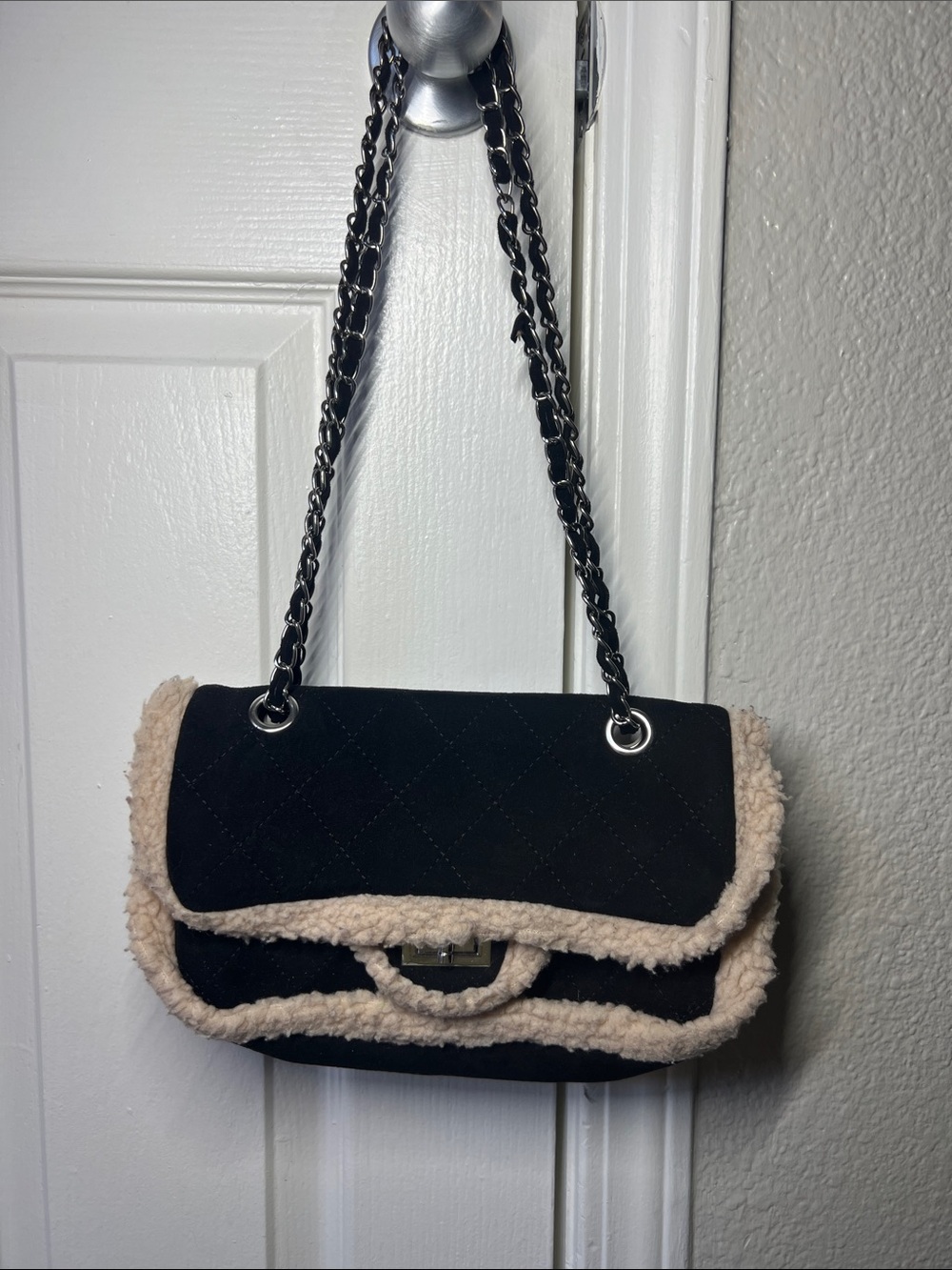 Black Quilted Shoulder Bag with Cream Shearling Trim